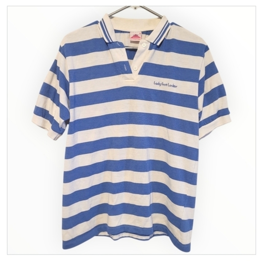 Vintage Lady Foot Locker Blue White Striped Polo Shirt Womens M 80s 90s